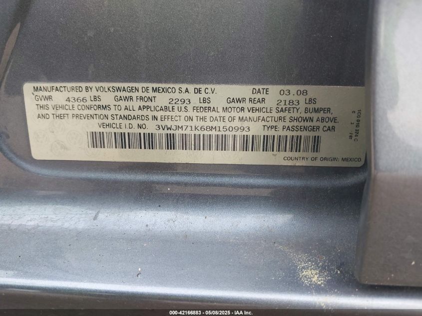 2008 Volkswagen Jetta S VIN: 3VWJM71K683150993 Lot: 42166883