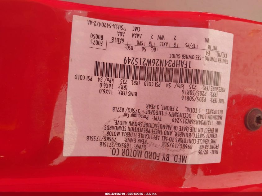 2006 Ford Focus Zx4 VIN: 1FAHP34N26W215249 Lot: 42166919