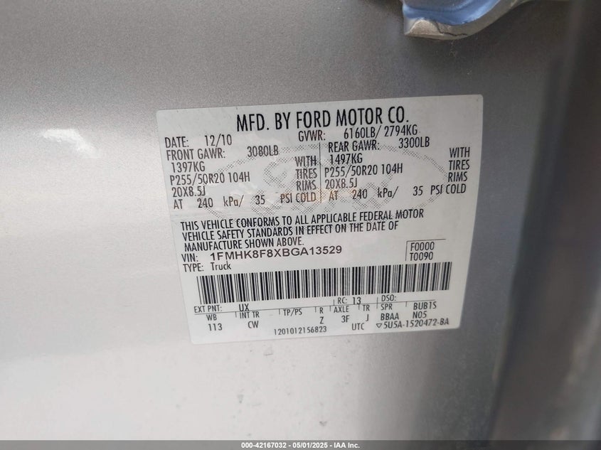 2011 FORD EXPLORER VIN: 1FMHK8F8XBGA13529