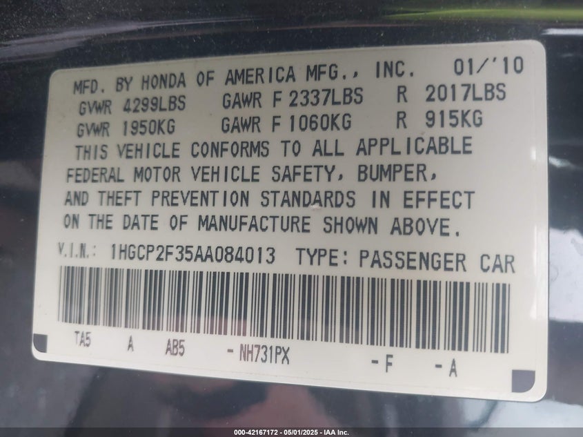 2010 HONDA ACCORD VIN: 1HGCP2F35AA084013