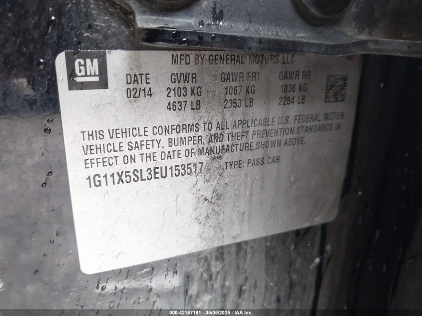 2014 CHEVROLET IMPALA VIN: 1G11X5SL3EU153517