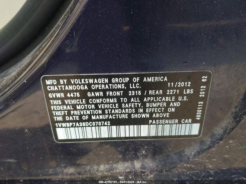 2013 Volkswagen Passat 2.5L Se VIN: 1VWBP7A38DC070742 Lot: 42167191