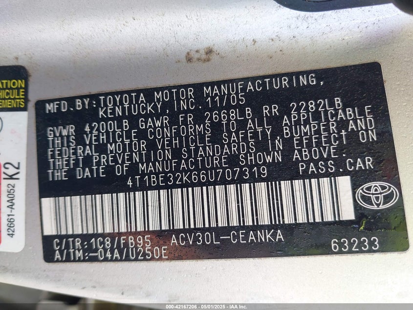 2006 TOYOTA CAMRY VIN: 4T1BE32K66U707319