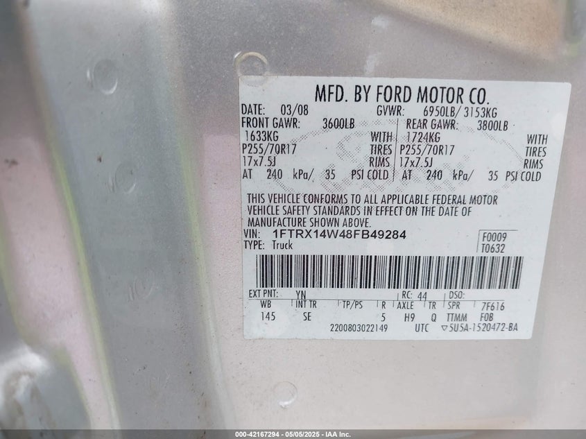2008 FORD F150 VIN: 1FTRX14W48FB49284