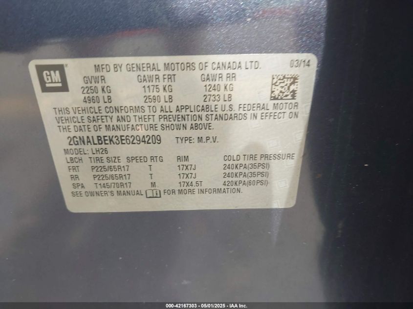 2014 Chevrolet Equinox 1Lt VIN: 2GNALBEK3E6294209 Lot: 42167303