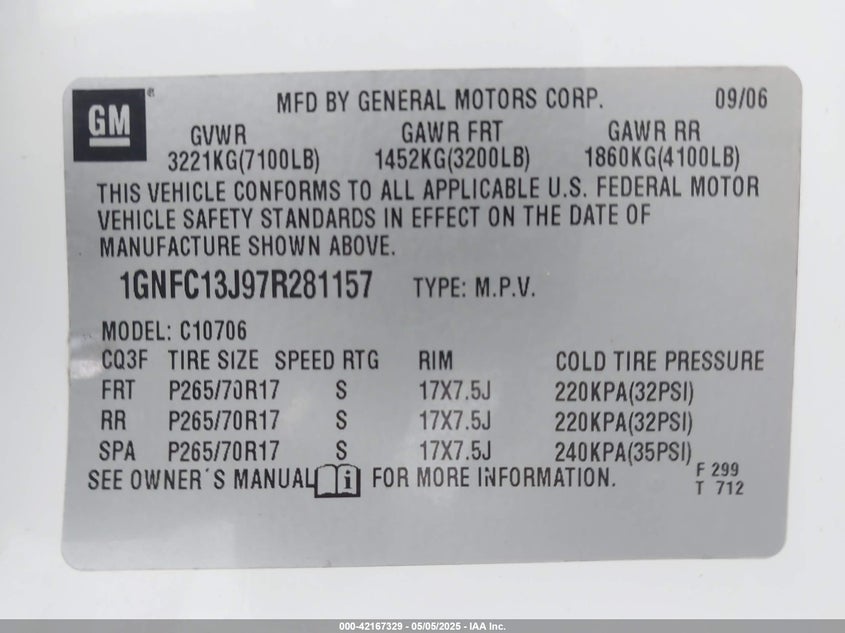 2007 CHEVROLET TAHOE VIN: 1GNFC13J97R281157