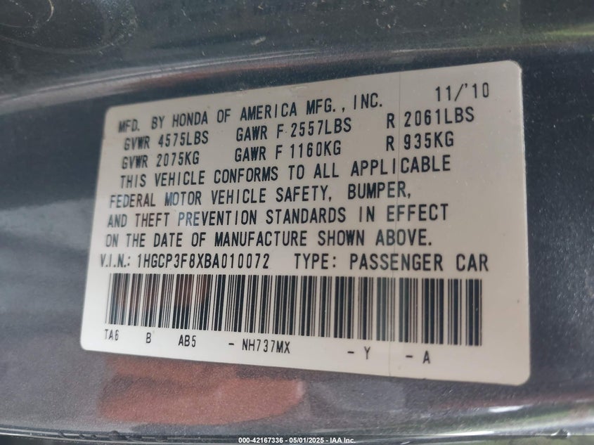 1HGCP3F8XBA010072 2011 HONDA ACCORD photo no. 9