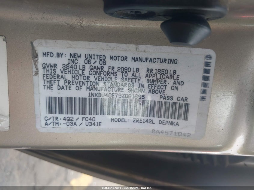 2009 TOYOTA COROLLA VIN: 1NXBU40E79Z061895