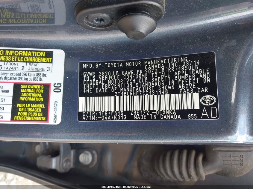 2014 TOYOTA COROLLA VIN: 2T1BURHE7EC131148