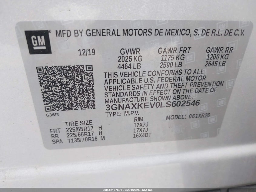 VIN 3GNAXKEV0LS602546 2020 CHEVROLET EQUINOX FWD LT 1.5L TURBO