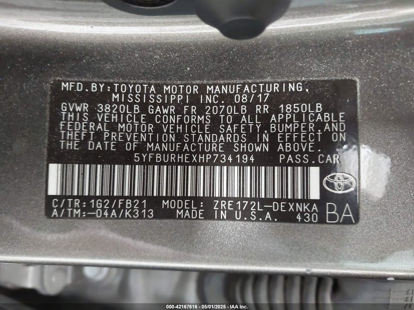 2017 TOYOTA COROLLA VIN: 5YFBURHEXHP734194