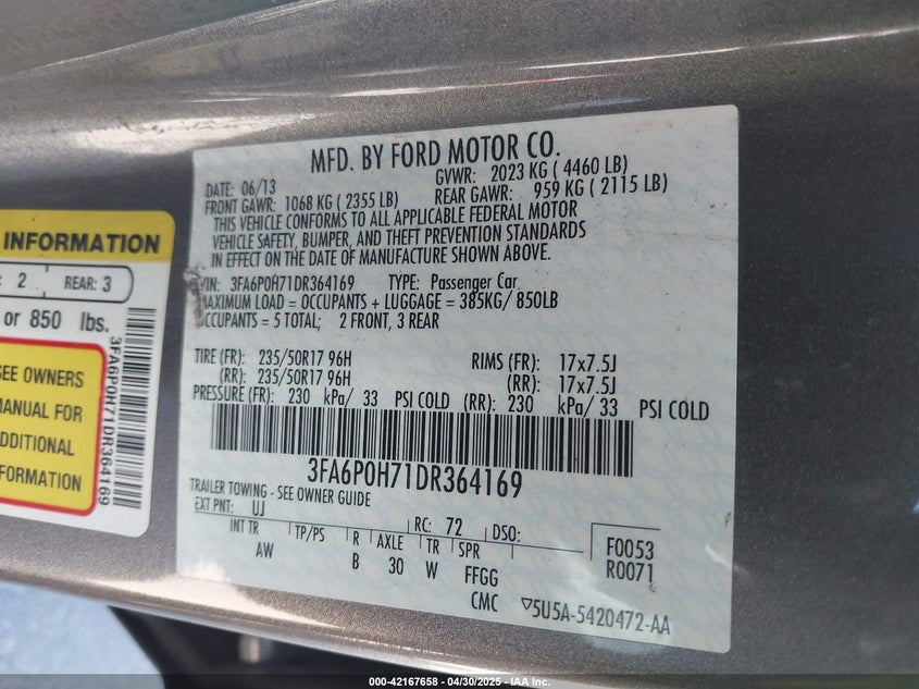 2013 FORD FUSION VIN: 3FA6P0H71DR364169