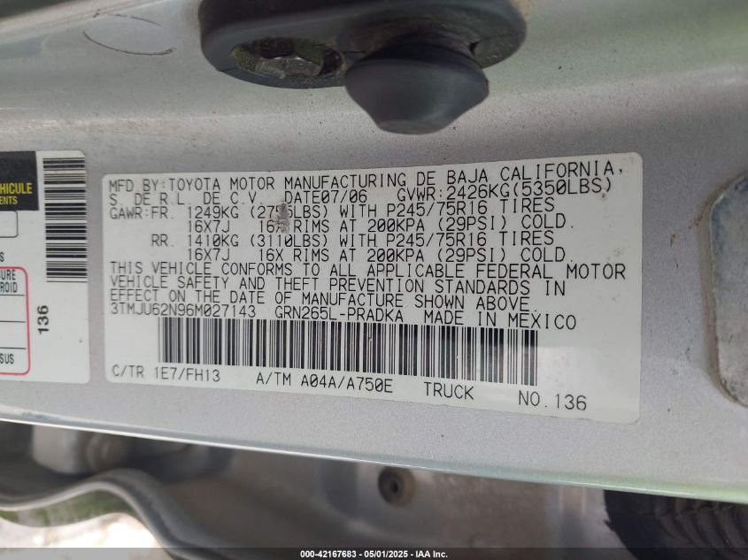 2006 Toyota Tacoma Prerunner V6 VIN: 3TMJU62N96M027143 Lot: 42167683