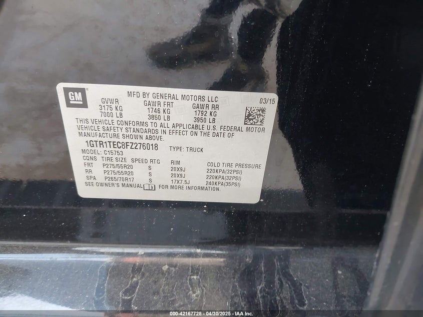 2015 GMC SIERRA 1500 VIN: 1GTR1TEC8FZ276018