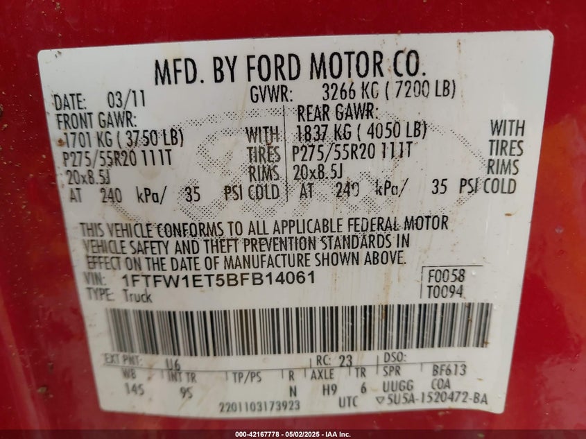 2011 FORD F150 VIN: 1FTFW1ET5BFB14061