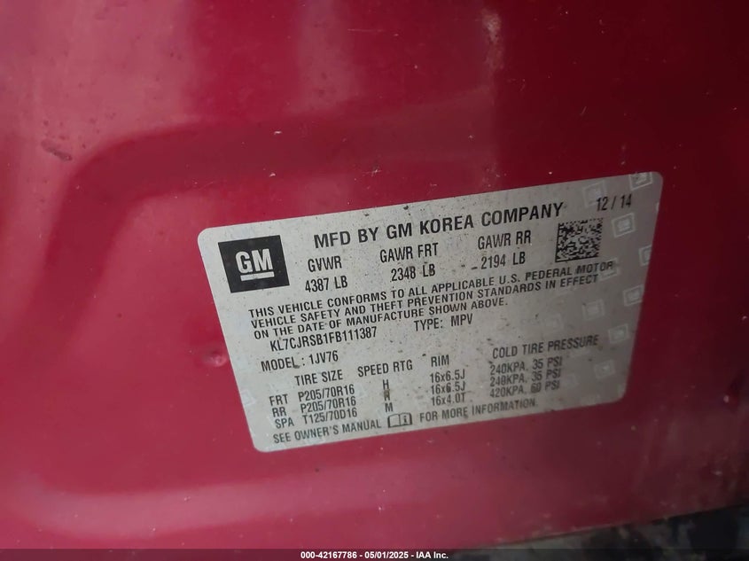 2015 CHEVROLET TRAX LT - KL7CJRSB1FB111387