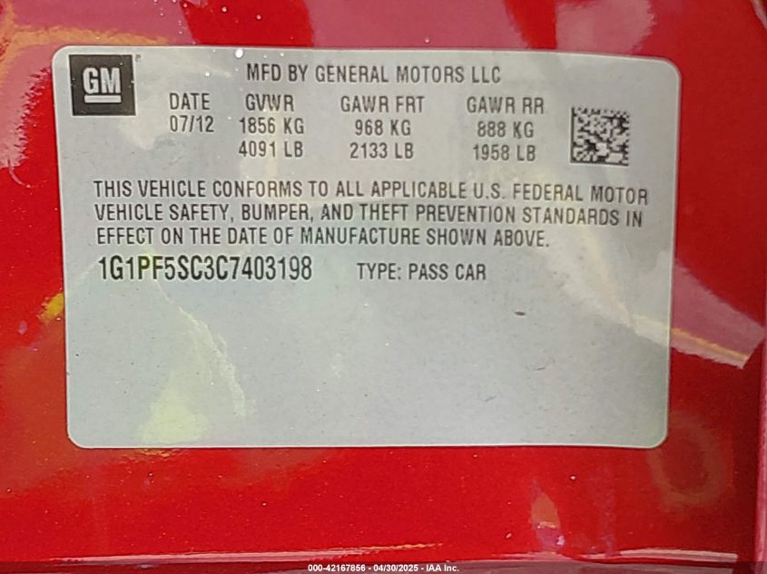 2012 Chevrolet Cruze 1Lt VIN: 1G1PF5SC3C7403198 Lot: 42167856