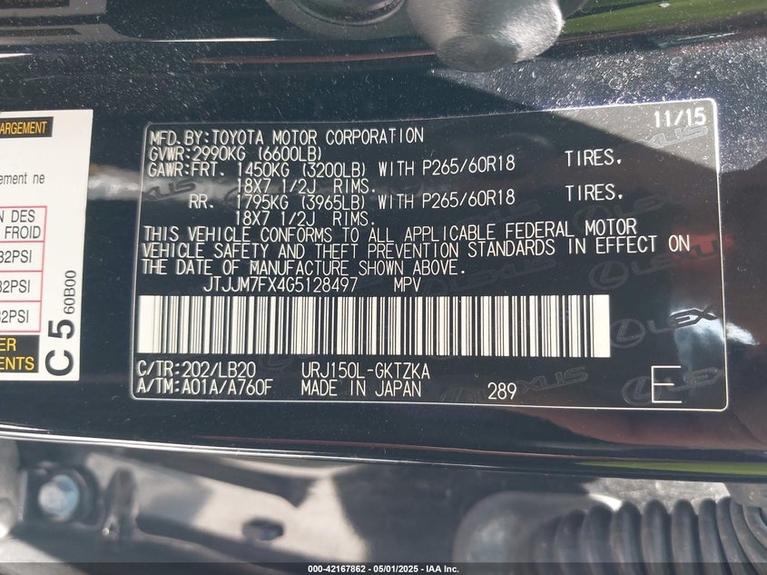 2016 LEXUS GX 460 VIN: JTJJM7FX4G5128497