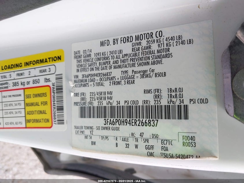 2014 FORD FUSION VIN: 3FA6P0H94ER266837