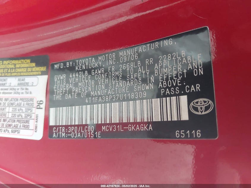 2007 TOYOTA CAMRY SOLARA VIN: 4T1FA38P37U118309