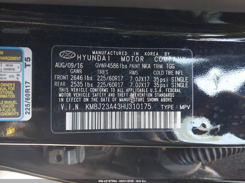 2017 Hyundai Tucson Se VIN: KM8J23A43HU310175 Lot: 42167964