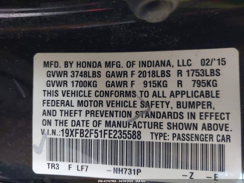 2015 HONDA CIVIC VIN: 19XFB2F51FE235588