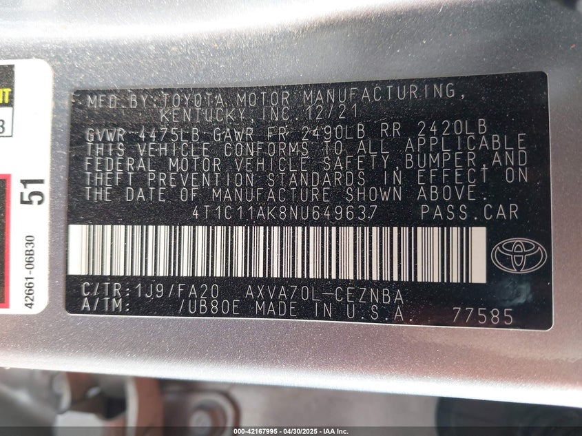 2022 TOYOTA CAMRY VIN: 4T1C11AK8NU649637