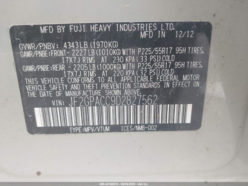 2013 Subaru Xv Crosstrek 2.0I Premium VIN: JF2GPACC9D2827562 Lot: 42168019