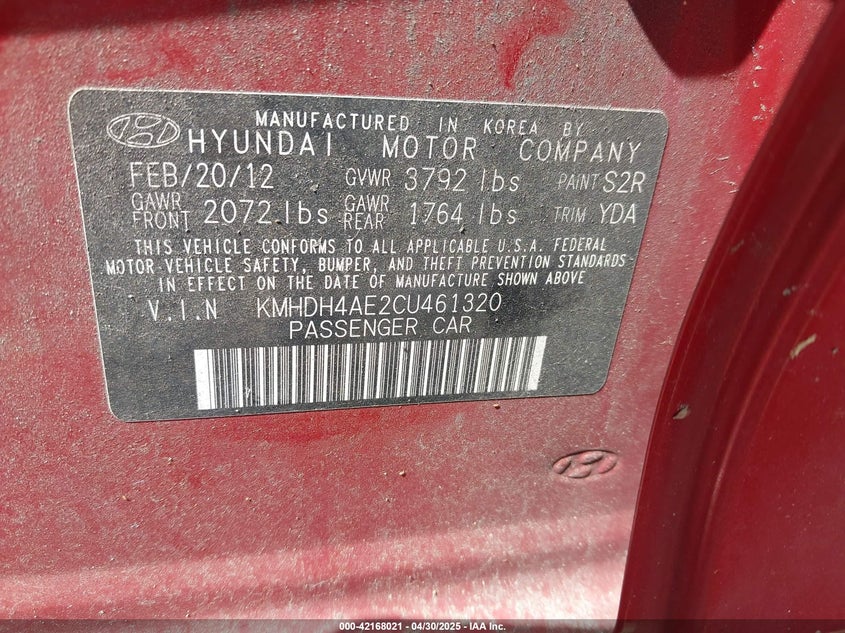 2012 HYUNDAI ELANTRA VIN: KMHDH4AE2CU461320