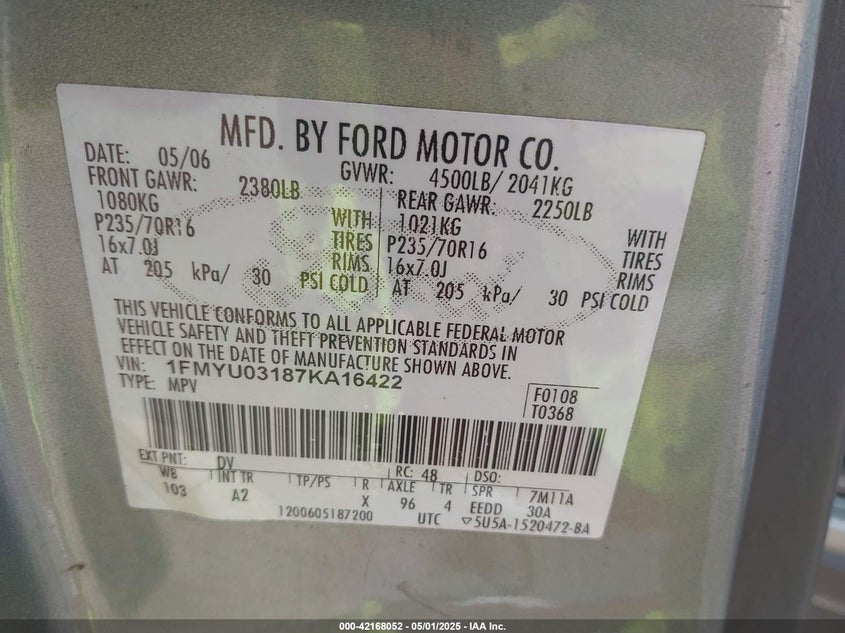 2007 FORD ESCAPE VIN: 1FMYU03187KA16422