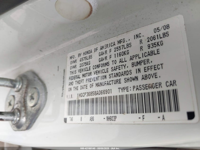 2008 HONDA ACCORD VIN: 1HGCP36858A066901