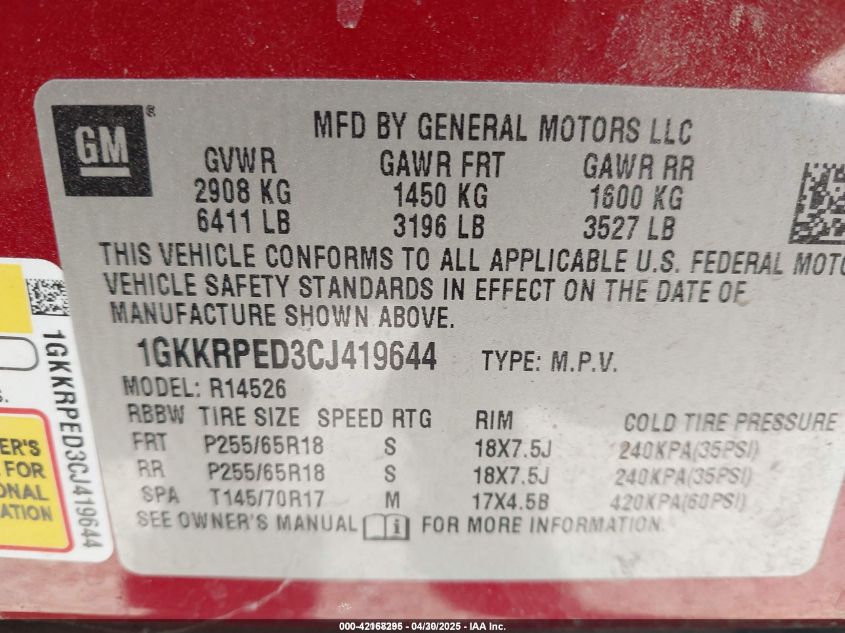 2012 GMC Acadia Sle VIN: 1GKKRPED3CJ419644 Lot: 42168295