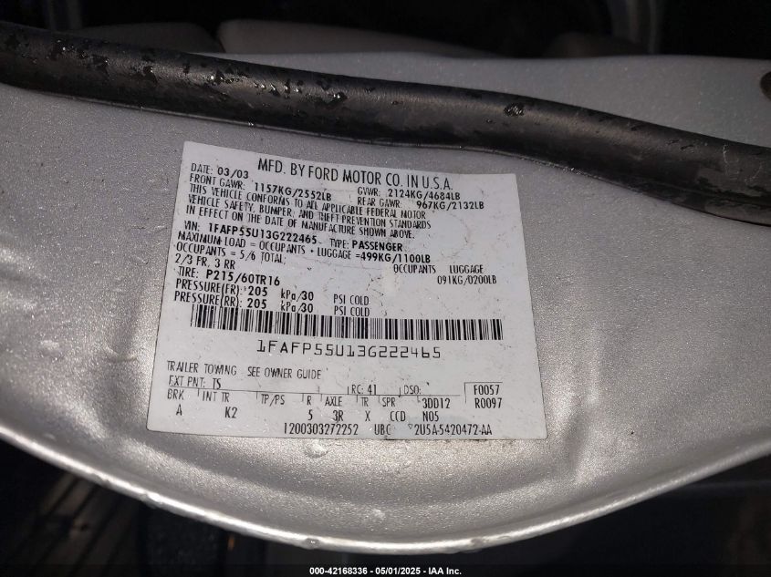 2003 Ford Taurus Ses VIN: 1FAFP55U13G222465 Lot: 42168336