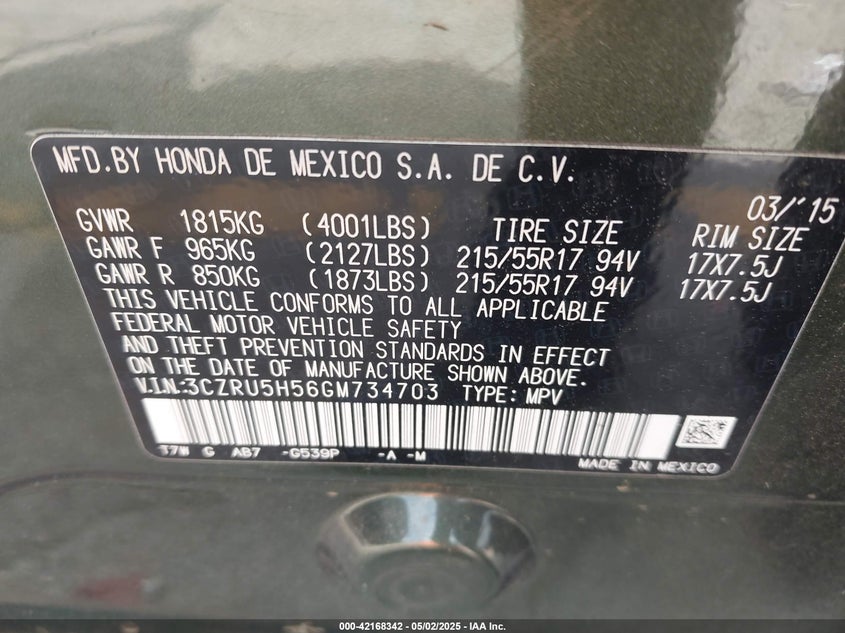 2016 HONDA HR-V VIN: 3CZRU5H56GM734703