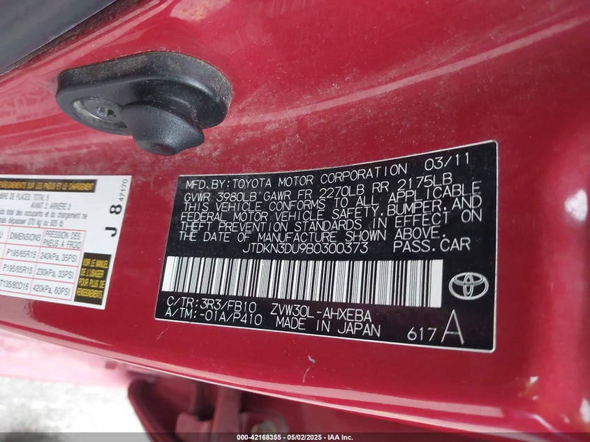 2011 TOYOTA PRIUS VIN: JTDKN3DU9B0300373