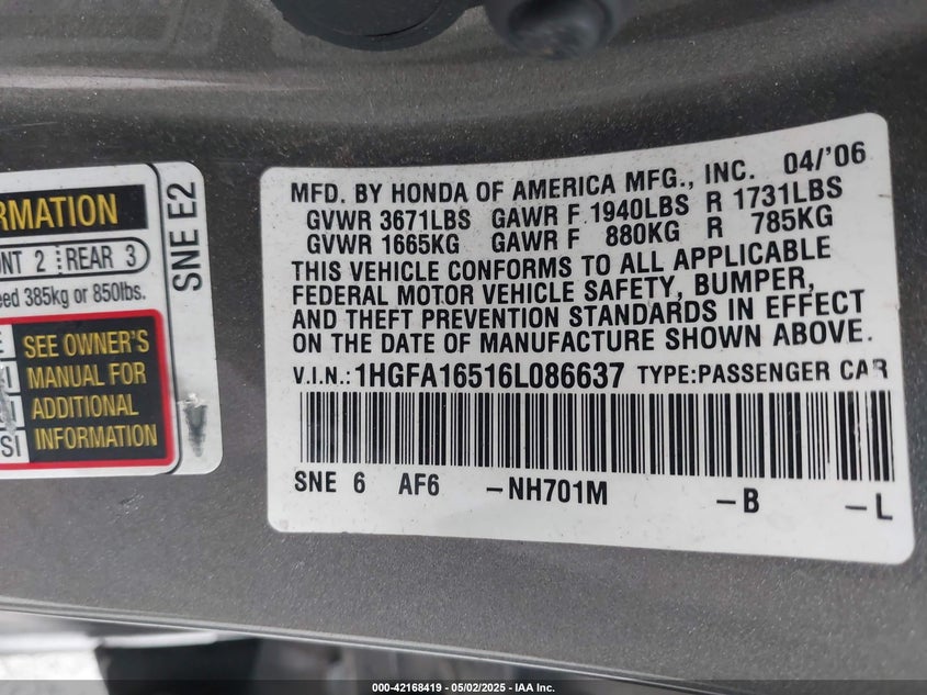 2006 HONDA CIVIC VIN: 1HGFA16516L086637