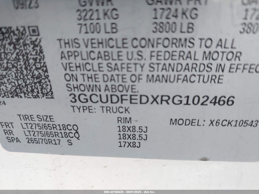 2024 CHEVROLET SILVERADO 1500 VIN: 3GCUDFEDXRG102466
