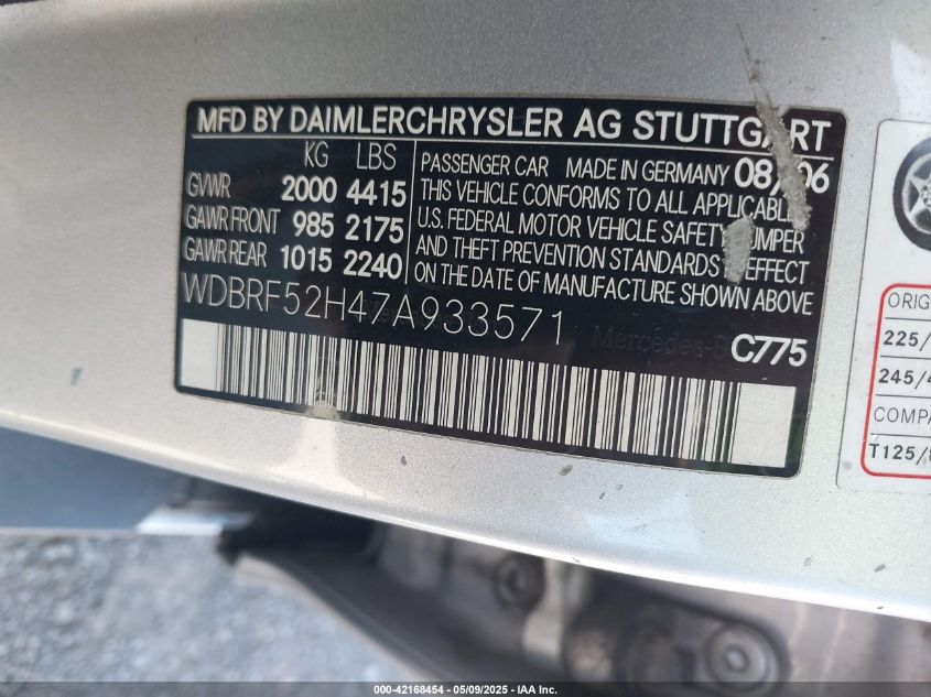 2007 Mercedes-Benz C 230 Sport VIN: WDBRF52H47A933571 Lot: 42168454