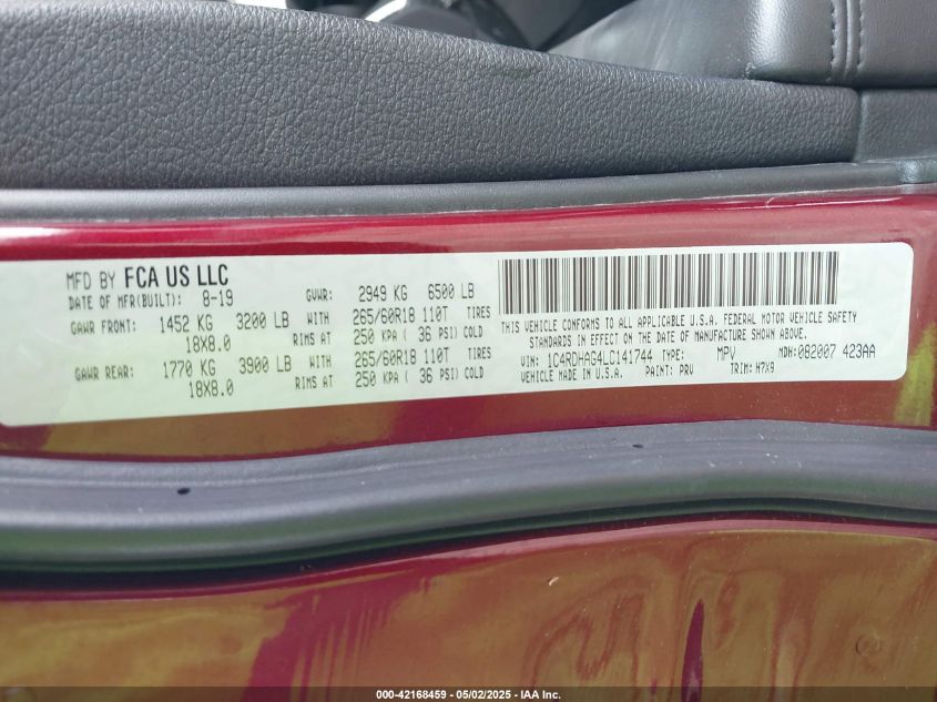 2020 Dodge Durango Sxt Rwd VIN: 1C4RDHAG4LC141744 Lot: 42168459