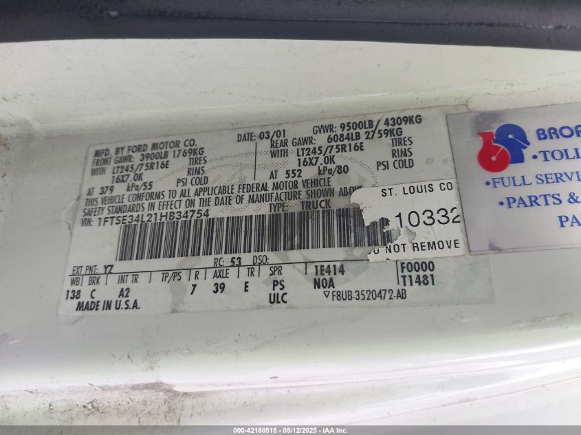 2001 Ford E-350 Super Duty Commercial/Recreational VIN: 1FTSE34L21HB34754 Lot: 42168518