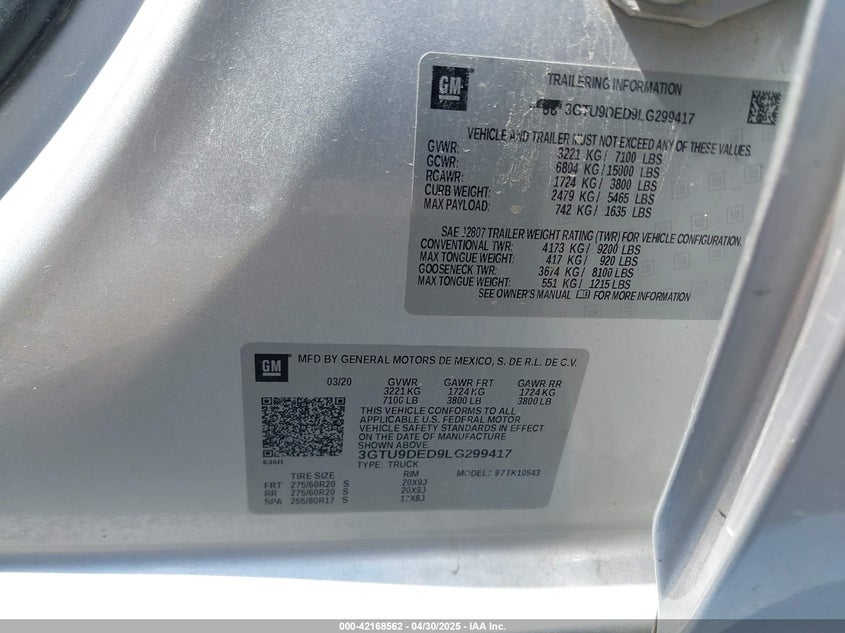 2020 GMC SIERRA 1500 4WD  SHORT BOX SLT - 3GTU9DED9LG299417