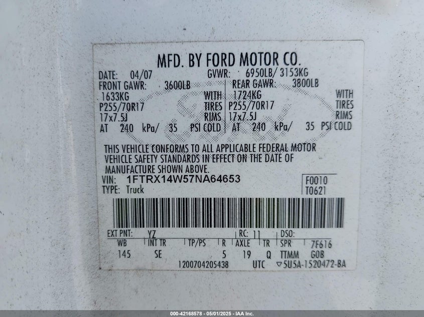 2007 FORD F-150 VIN: 1FTRX14W57NA64653