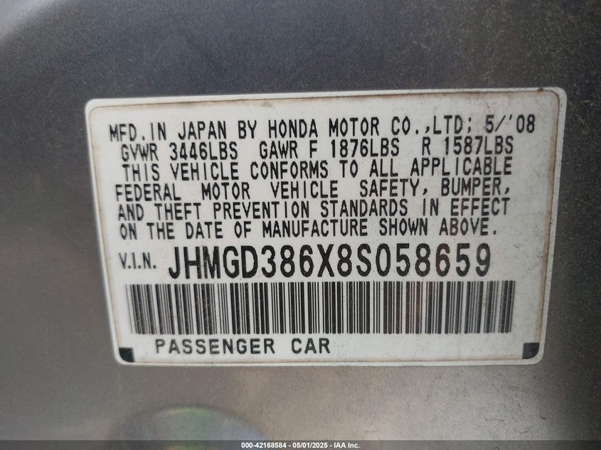 2008 HONDA FIT VIN: JHMGD386X8S058659