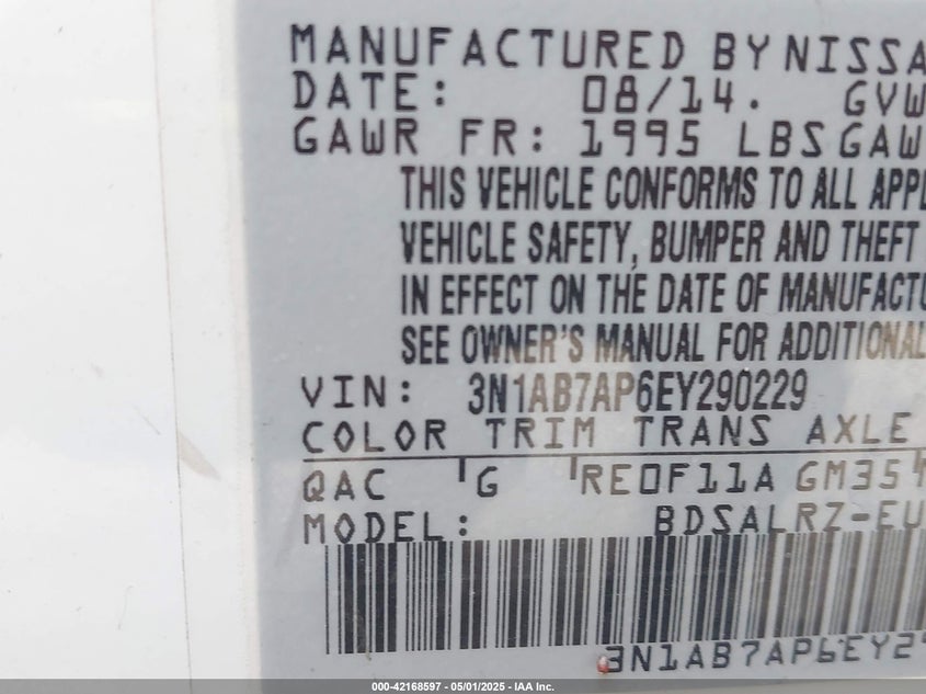 2014 NISSAN SENTRA VIN: 3N1AB7AP6EY290229