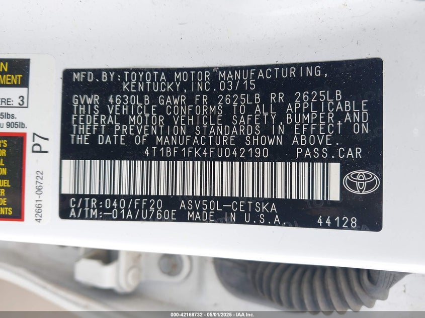 2015 TOYOTA CAMRY VIN: 4T1BF1FK4FU042190