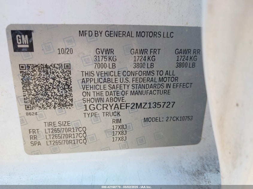 2021 CHEVROLET SILVERADO VIN: 1GCRYAEF2MZ135727