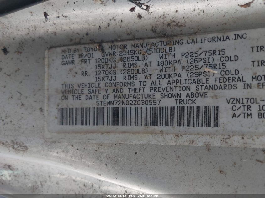 2002 Toyota Tacoma Base V6 VIN: 5TEWN72N02Z030597 Lot: 42168788