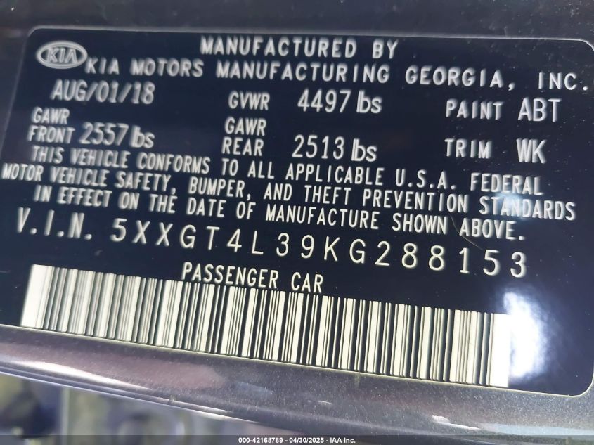 2019 Kia Optima Lx VIN: 5XXGT4L39KG288153 Lot: 42168789