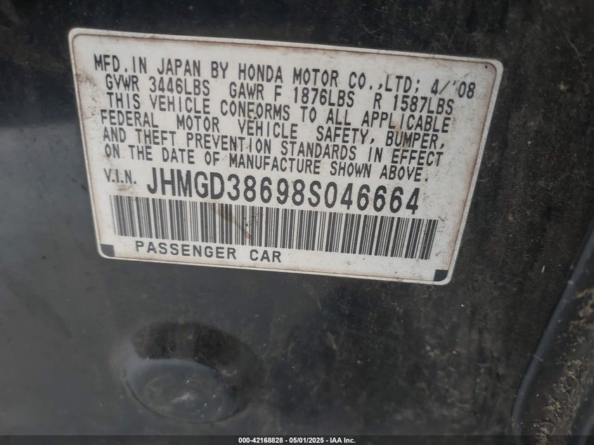 2008 HONDA FIT VIN: JHMGD38698S046664