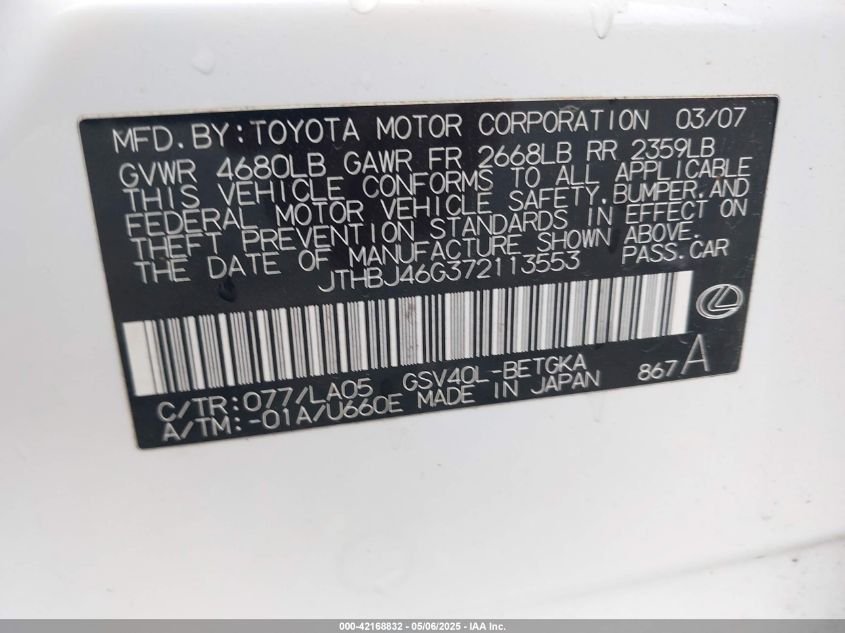 2007 Lexus Es 350 VIN: JTHBJ46G372113553 Lot: 42168832